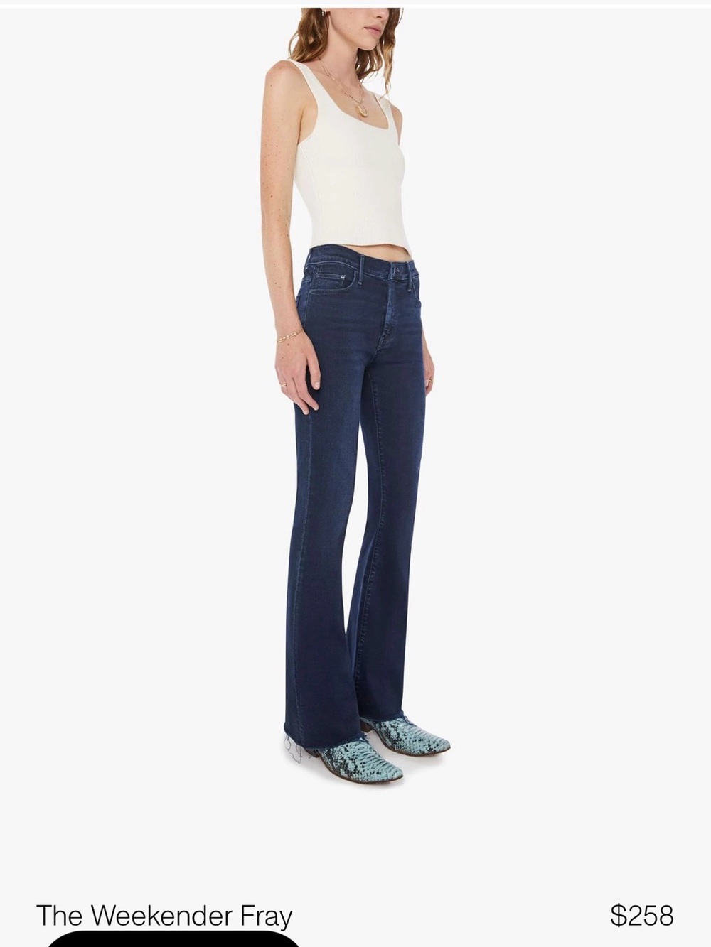MOTHER The Weekender Fray “Mint Condition” Dark Blue Flare Jeans